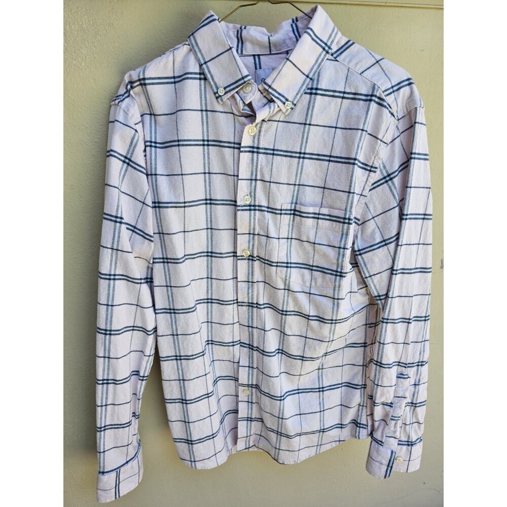 Goodfellow Mens Light Pink Navy Blue White Plaid Buttondown Medium Slim Fit EUC